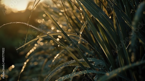 Dew on grass blades glistening in the morning sun, fresh weather, nature awakening.