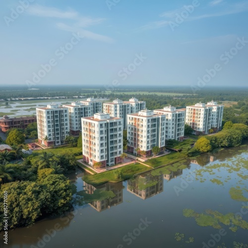 Aerial view of a few buildings barracks in brahmaputra river swamp sariakandi rajshahi bangladesh Condominium  photo