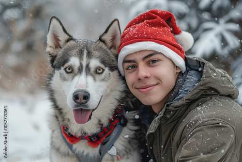 A cheerful teenager in a Santa hat poses with his beautiful husky in a snowy landscape. The joyful expressions and festive attire create a heartwarming winter scene that celebrates friendship  