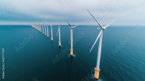 Aerial view of an offshore wind farm with multiple wind turbines aligned in a row over the ocean under a cloudy sky. photo