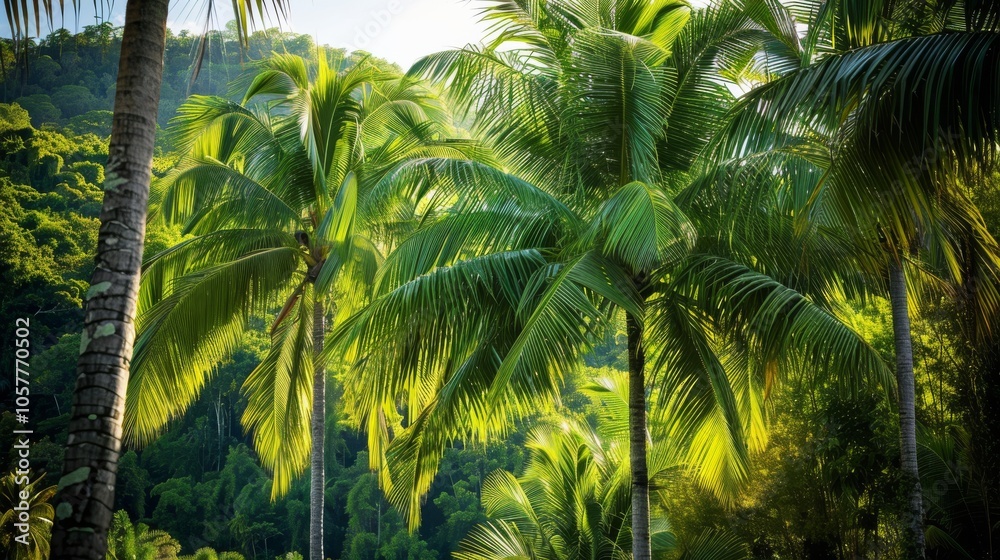 Lush palm trees in a tropical rainforest setting Lush palm trees in a tropical rainforest setting