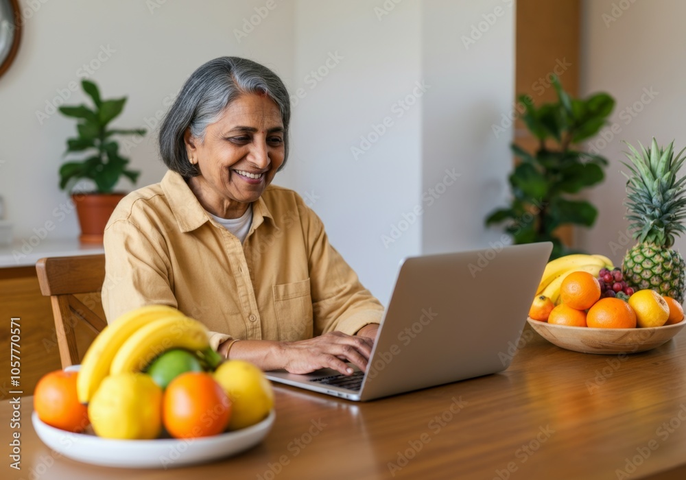 Smiling senior Indian woman using laptop at home with fresh fruit on table. Smiling senior Indian woman using laptop at home with fresh fruit on table.