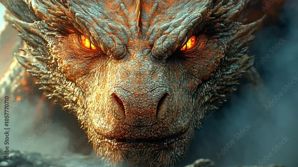 A fierce dragon with glowing orange eyes, showcasing intricate scales and a powerful presence footage