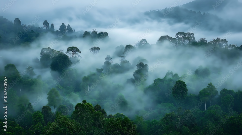 Morning mist rolling through a dense forest, foggy weather, mysterious ambiance. Morning mist rolling through a dense forest, foggy weather, mysterious ambiance.