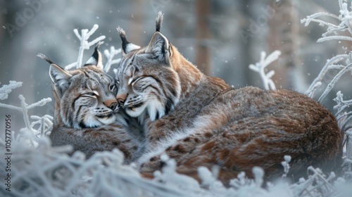 Lynxes nuzzling each other in frosty forest clearing photo