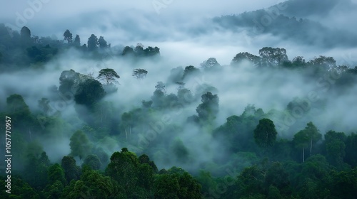 Morning mist rolling through a dense forest, foggy weather, mysterious ambiance.