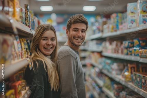 A cheerful young couple shares a moment of laughter while shopping in a colorful toy store, enjoying the bright and playful atmosphere of the toy-filled aisles.