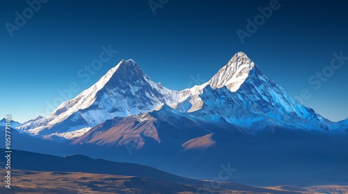 Snow-capped mountains under a clear blue sky, winter weather, cold and majestic.
