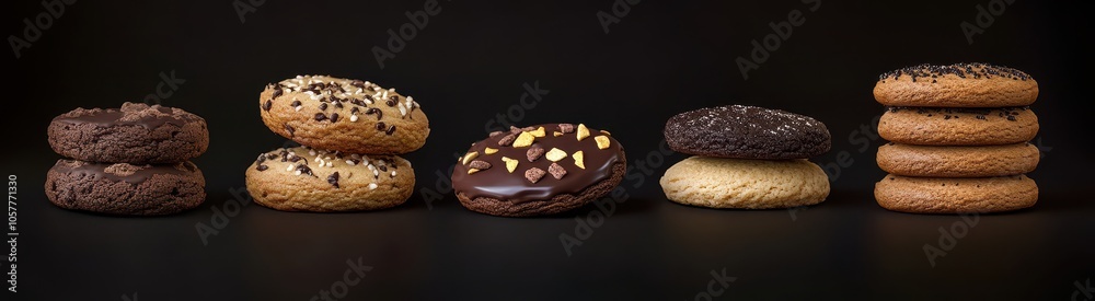 A selection of various cookies, some stacked on top of each other, displayed against a dark background. A selection of various cookies, some stacked on top of each other, displayed against a dark background.