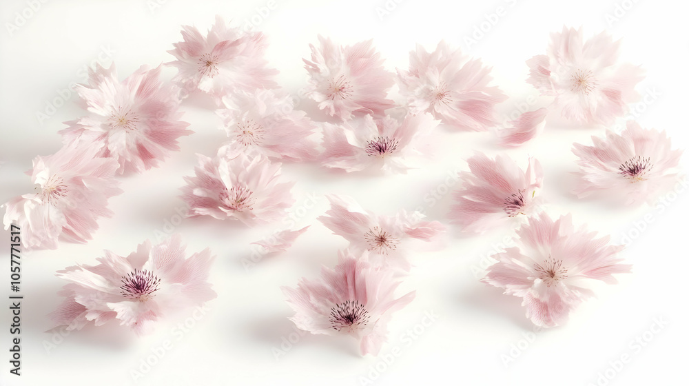 A collection of delicate pink flower petals scattered artistically on a white surface. A collection of delicate pink flower petals scattered artistically on a white surface.