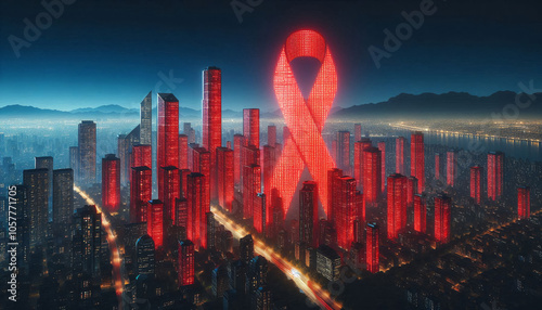 A city skyline illuminated in red lights, symbolizing solidarity and support for World AIDS Day, with the prominent display of a red ribbon projected onto a tall building.