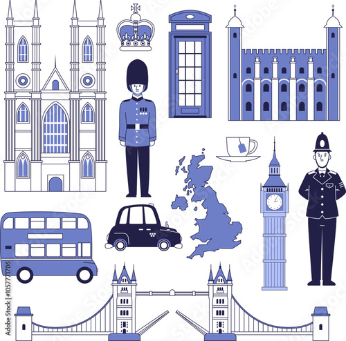 Set of national symbols of Great Britain, the United Kingdom, London.