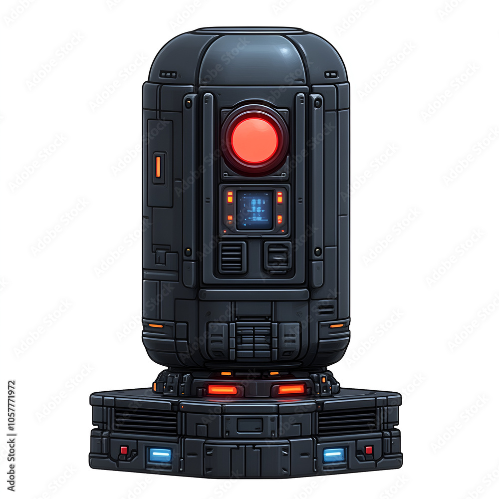 Naklejka premium Futuristic black and red energy core displayed on a platform with glowing lights in a sci-fi themed environment