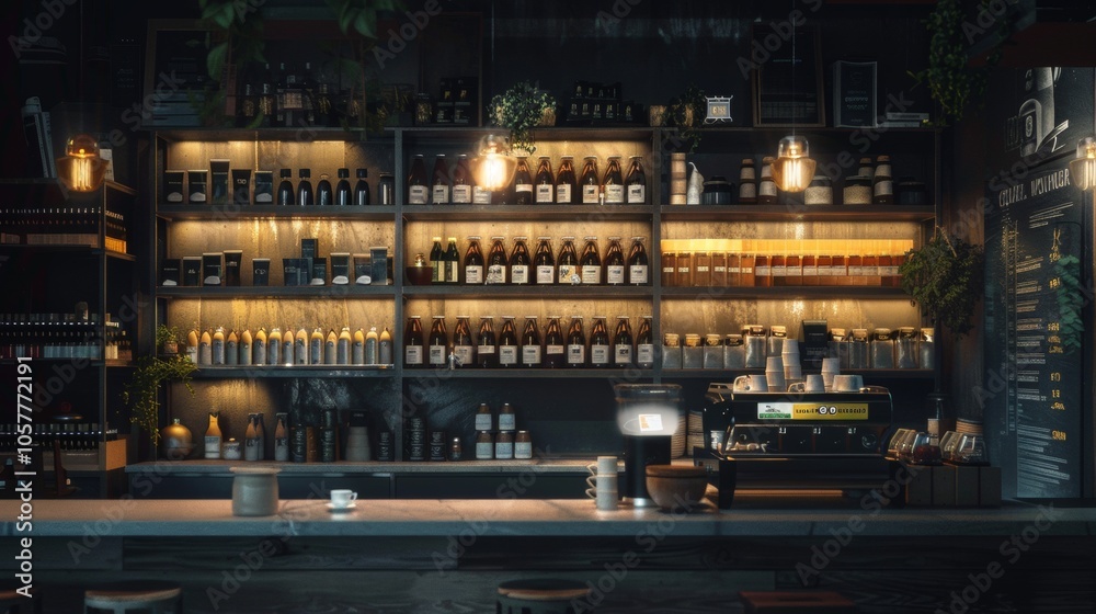Cozy Apothecary Shelf Display with Warm Lighting Cozy Apothecary Shelf Display with Warm Lighting