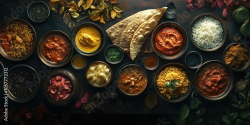 A delicious spread of Indian food, with curries, rice, flatbread, and chutneys.