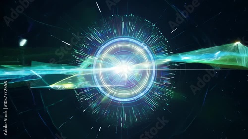 Bright energy core in green digital space with radiating particles and glowing effect. video