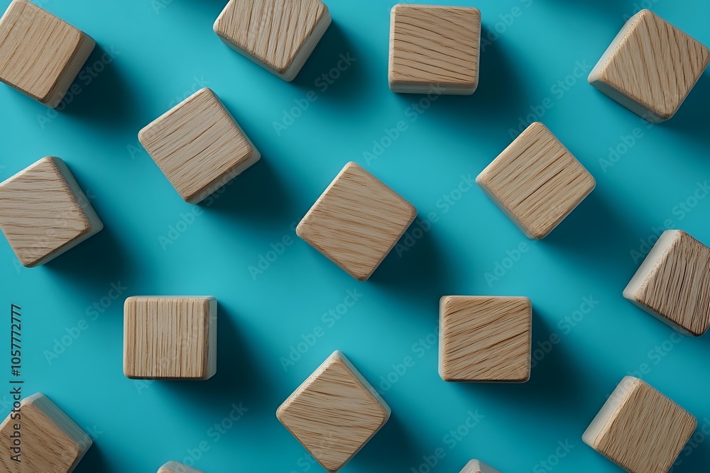 Simple Wooden Blocks on Blue Background - Minimalist Flat Lay Design Simple Wooden Blocks on Blue Background - Minimalist Flat Lay Design
