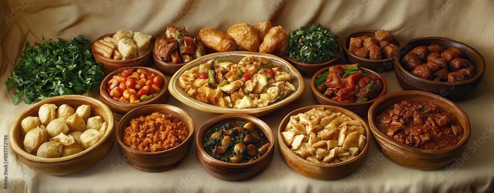 A variety of dishes are arranged in wooden bowls on a table. A variety of dishes are arranged in wooden bowls on a table.
