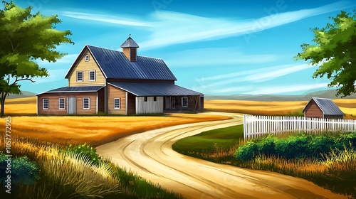 A cozy farmhouse illustration in the countryside, showcasing a rustic exterior with a traditional red barn, white picket fence, and a lush green garden in the foreground. photo