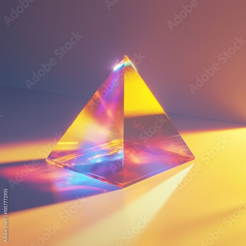 Iridescent glass pyramid with colorful light reflections on smooth surface