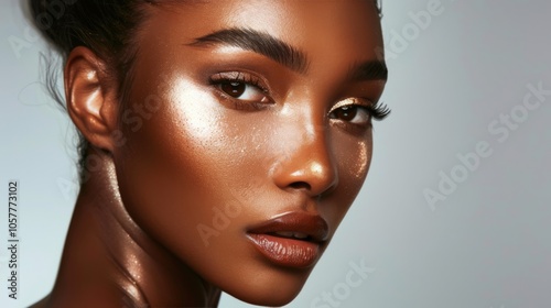 Model showcasing trendy glowing makeup, highlighted cheeks, and glossy finish