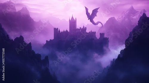 Medieval Fantasy Scene: Gradient Mesh Illustration of an Epic Castle with Dragon Silhouette, Deep Purple to Misty Teal Palette, Mountain Range Backdrop, and Ethereal Lighting.