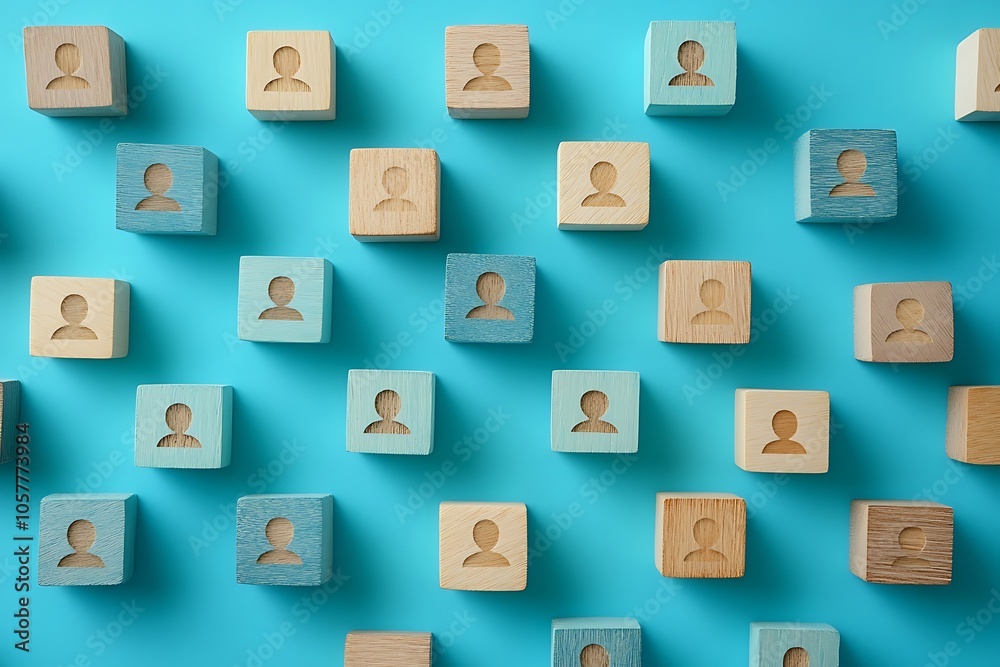 Teamwork Concept Wooden Blocks with Person Icons on Blue Background Teamwork Concept Wooden Blocks with Person Icons on Blue Background