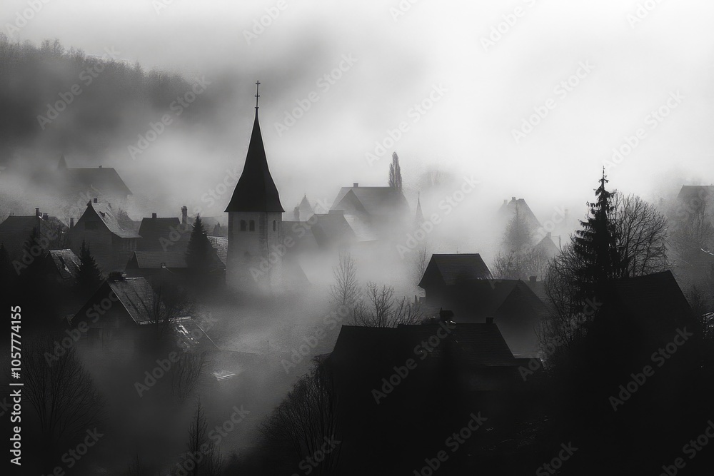 A Foggy Village with a Church Steeple in the Distance A Foggy Village with a Church Steeple in the Distance