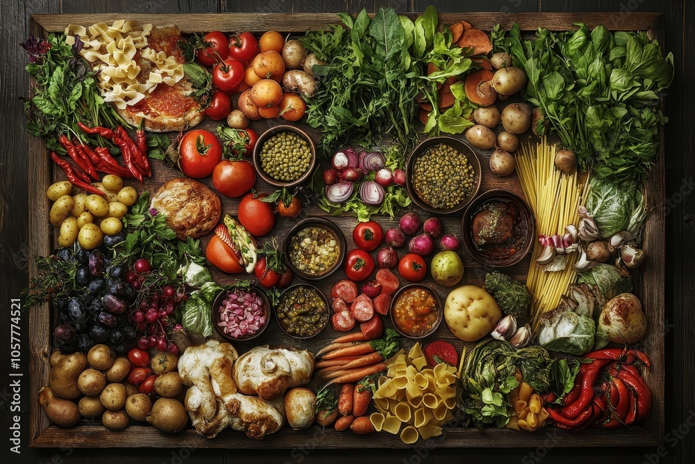 A rustic wooden tray overflowing with fresh produce and pantry staples. A rustic wooden tray overflowing with fresh produce and pantry staples.