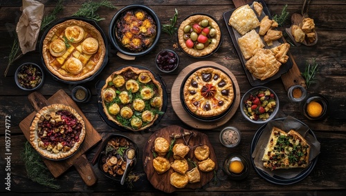 A table full of delicious pies and pastries, perfect for a festive gathering.