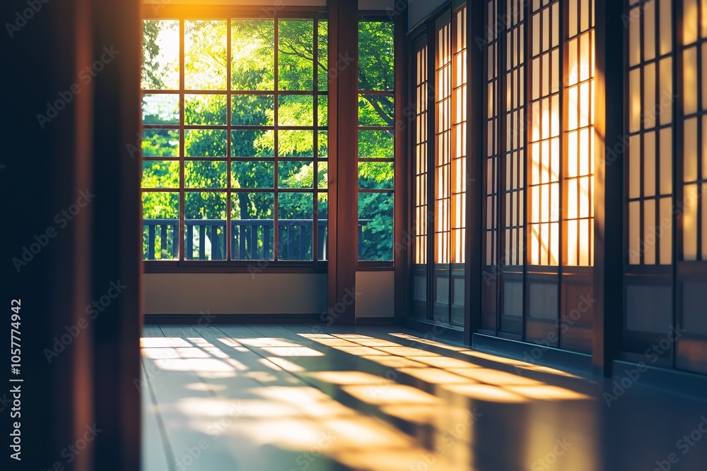 A traditional Japanese room bathed in sunlight, highlighting the serene beauty of its wooden screens and tatami mats. A traditional Japanese room bathed in sunlight, highlighting the serene beauty of its wooden screens and tatami mats.