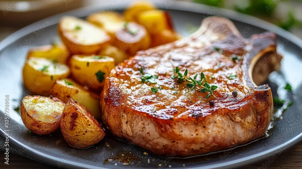 Savory fried pork loin chops served with potatoes. Savory fried pork loin chops served with potatoes.