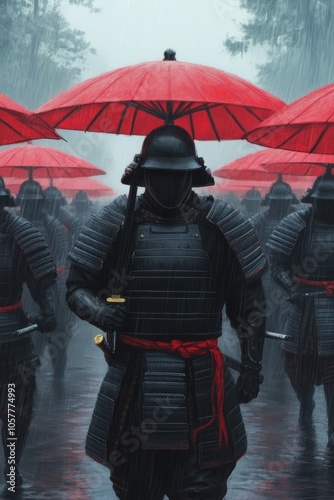 A line of samurai warriors in full armor walk through a misty forest, each holding a red umbrella.