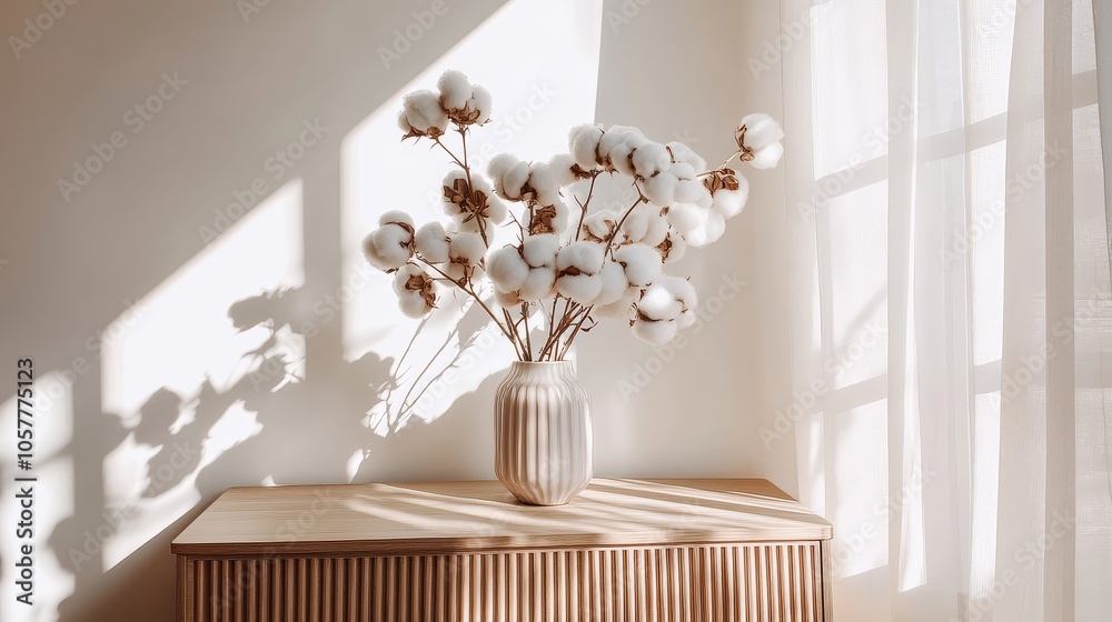 Scandinavian-style interior design showcasing a delicate cotton flower arrangement Scandinavian-style interior design showcasing a delicate cotton flower arrangement