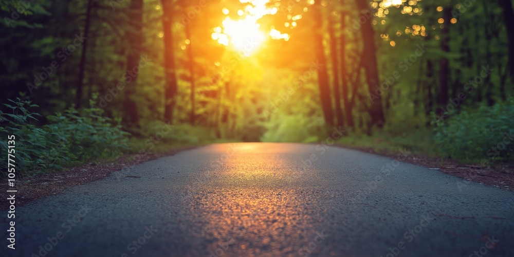 Obraz premium A serene asphalt road lined with towering trees, as the golden sunset bathes the forest in warmth.