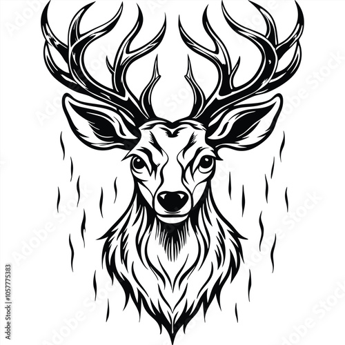 Black And White Deer Head Illustration With Antlers