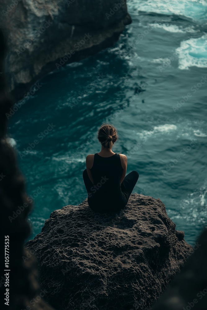 Fototapeta premium A woman sits cross-legged meditating on a cliff, overlooking the vast ocean, symbolizing peace and introspection.