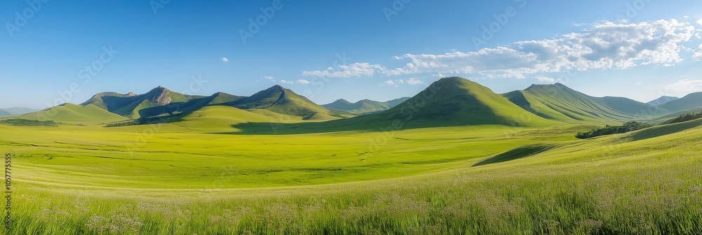 Obraz premium Expansive green hills stretch beneath a clear blue sky, evoking freedom and natural beauty under sunlight.