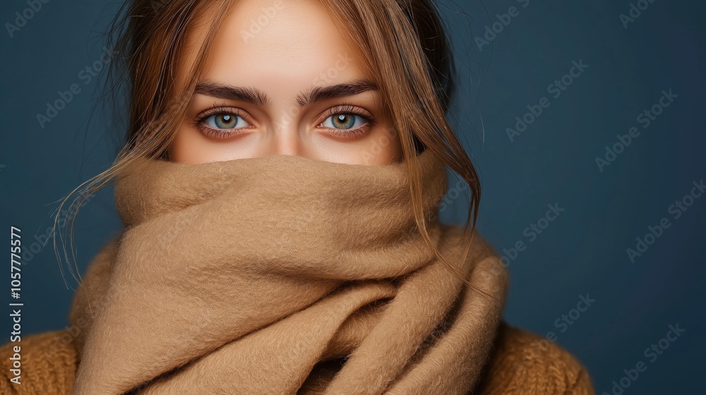 Close-up portrait of a person with blue eyes wrapped in a cozy brown scarf against a dark background, highlighting the eyes and facial expression. Close-up portrait of a person with blue eyes wrapped in a cozy brown scarf against a dark background, highlighting the eyes and facial expression.