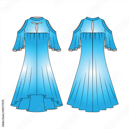 Printed Party dress Blue Off-the-shoulder dress Color Gradient Technical drawing of the dress front and back view