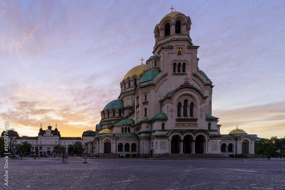 Sunrise view of St. Alexander Nevsky Cathedral, Sofia