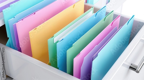 Colorful file folders organized in office drawer photo