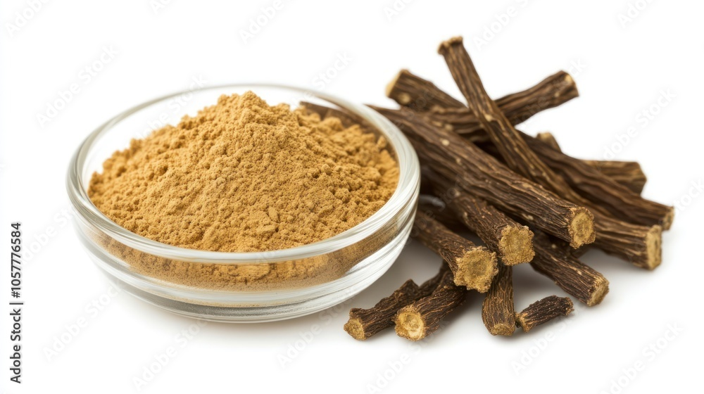 Licorice powder with licorice roots isolated on white surface background Licorice powder with licorice roots isolated on white surface background