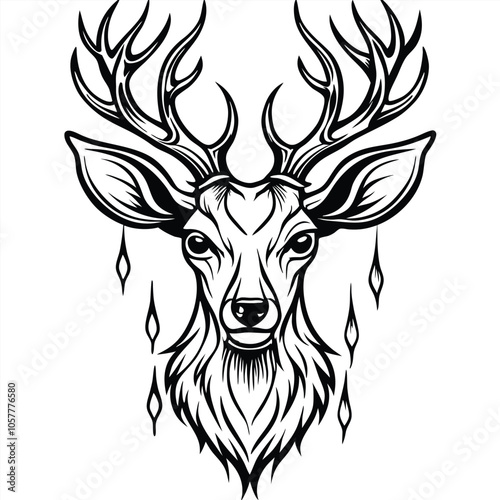 Black and White Deer Head with Antlers photo