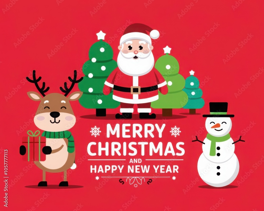 Christmas vector characters like santa claus, reindeer and snowman holding gift with merry christmas greeting and tree in a red background. Vector illustration. Christmas vector characters like santa claus, reindeer and snowman holding gift with merry christmas greeting and tree in a red background. Vector illustration.