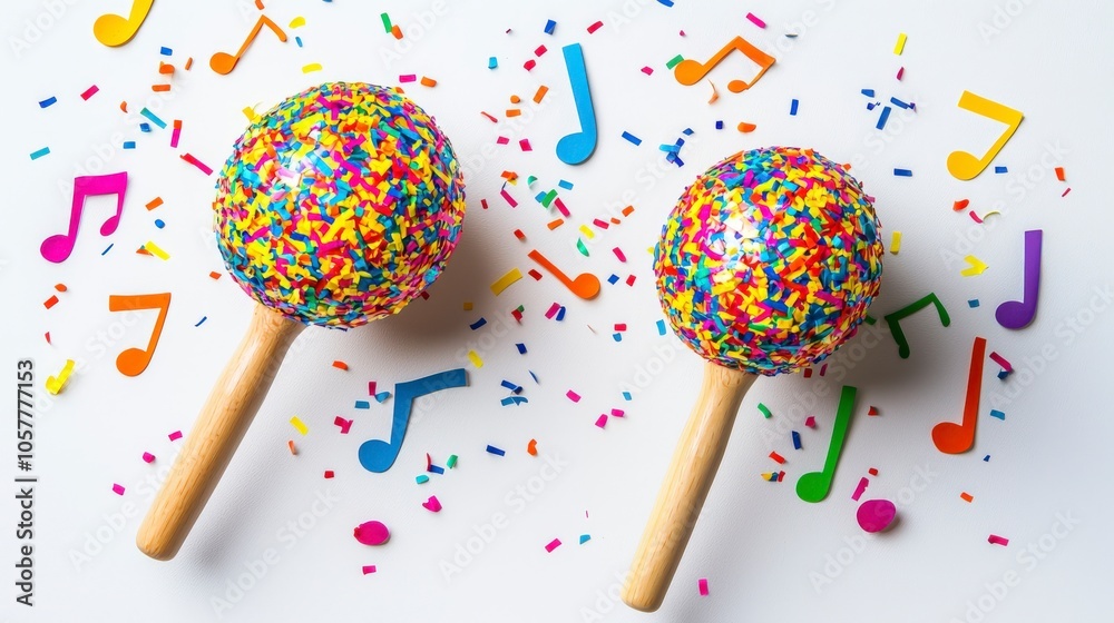 A pair of vibrant, confetti-covered maracas surrounded by colorful cut-out musical notes, capturing a festive and playful atmosphere on a white background. A pair of vibrant, confetti-covered maracas surrounded by colorful cut-out musical notes, capturing a festive and playful atmosphere on a white background.
