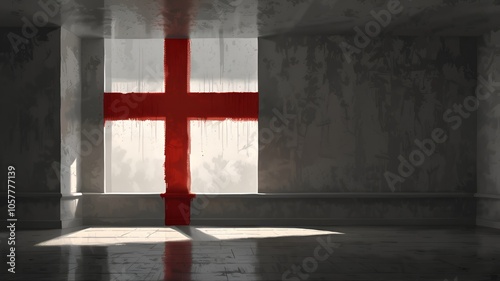 Praying room with red color cross and space with gray wall
