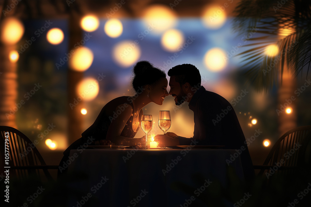 Couple sharing an intimate dinner in a cozy, illuminated restaurant at sunset Couple sharing an intimate dinner in a cozy, illuminated restaurant at sunset