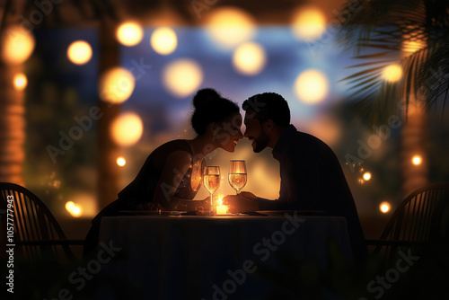 Couple sharing an intimate dinner in a cozy, illuminated restaurant at sunset