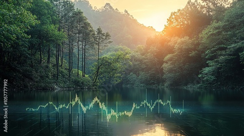 A graphical representation of a rising stock market trend line superimposed on a serene natural backdrop, Ai photo